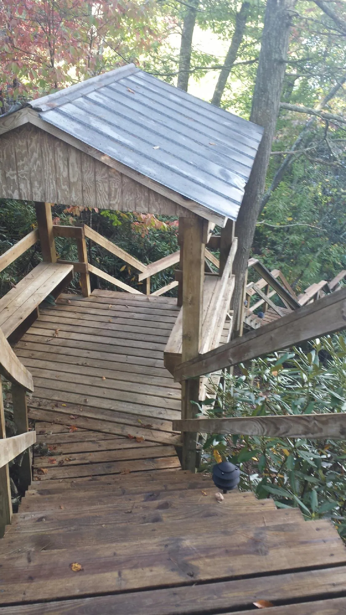 Metal roofed shelter over wooden steps on a wooded walkway — Skylight Repair & Installation work by our crew in Iona